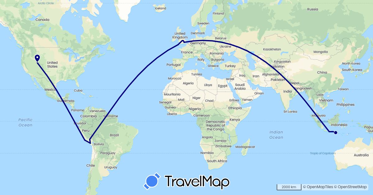 TravelMap itinerary: driving in United Kingdom, Indonesia, Peru, United States (Asia, Europe, North America, South America)